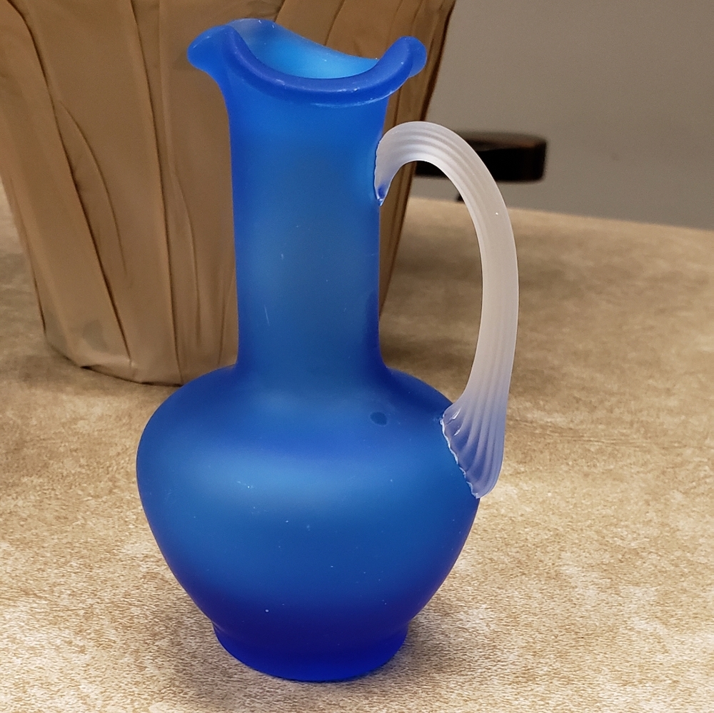 Blue satin pilgrim glass pitcher